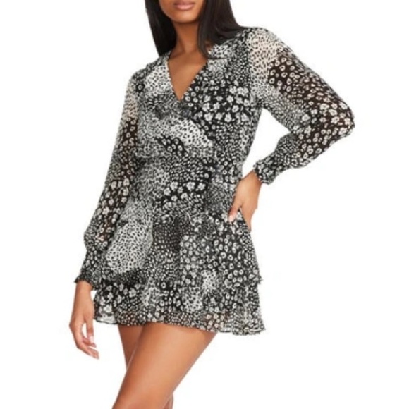 BB Dakota Tiger Queen Long Sleeve Tiered Minidress Sheer Patchwork Animal/Floral - Picture 1 of 9